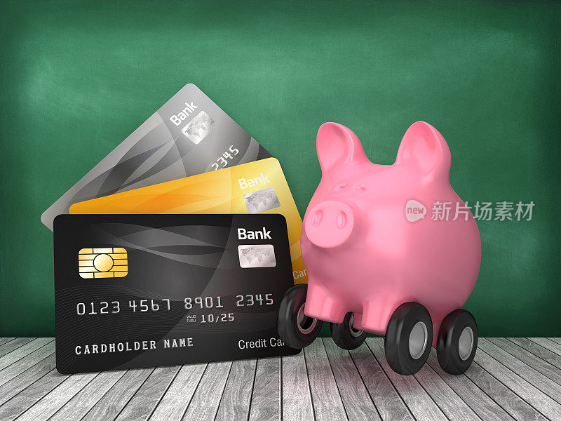 信用卡与小猪银行在黑板上- 3D渲染